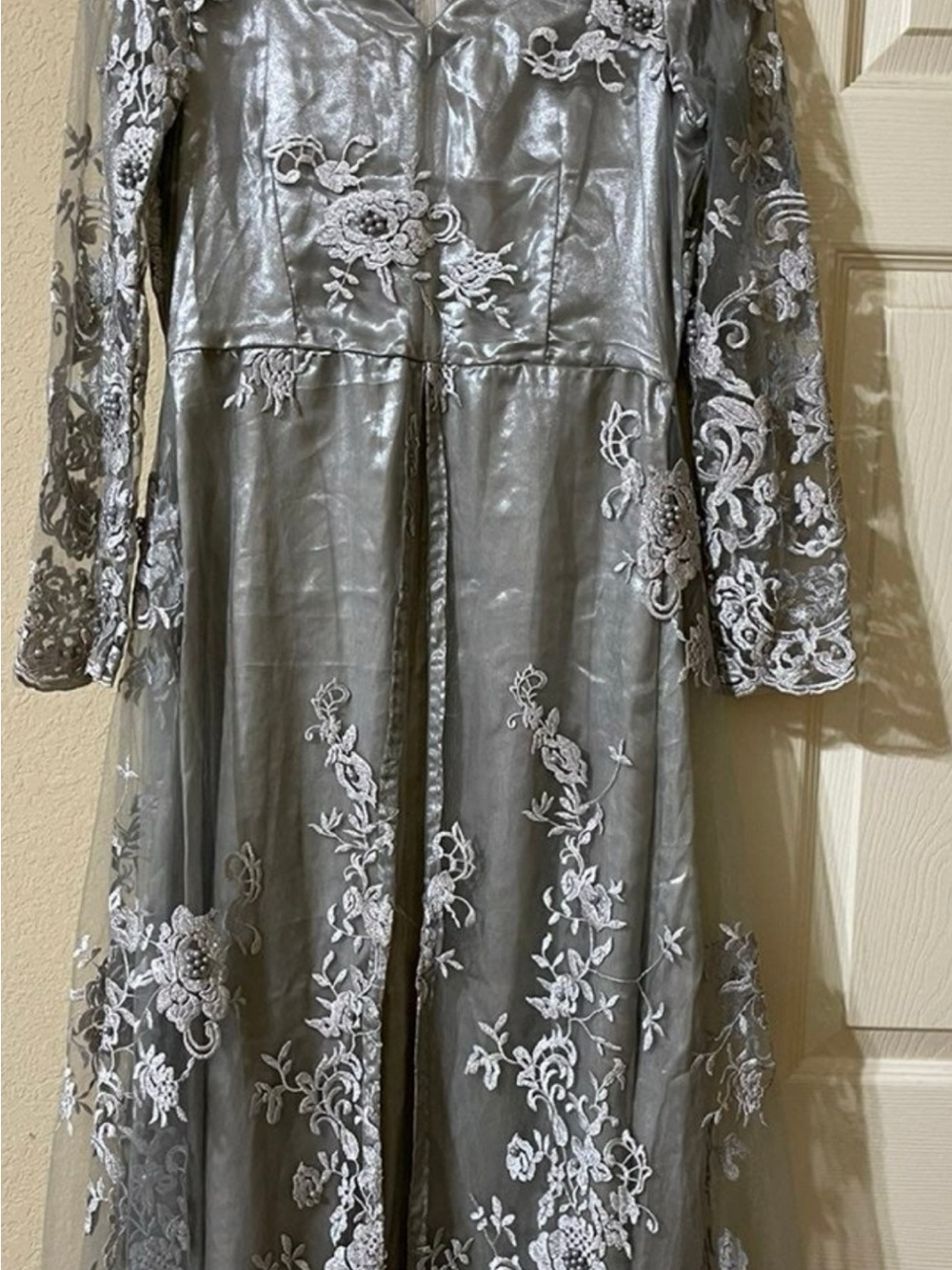 Elegant Silver Lace-Embroidered Maxi Dress
